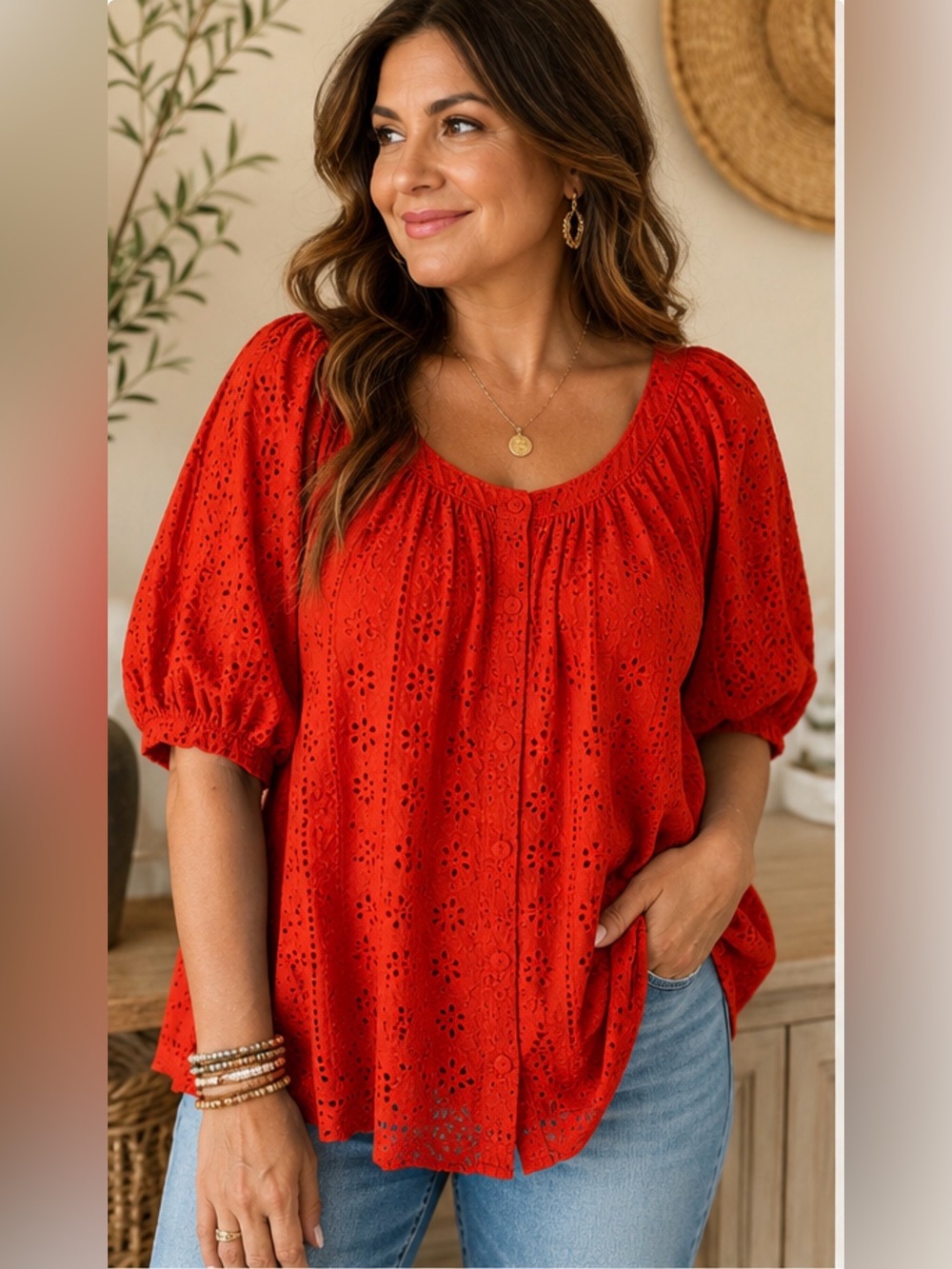 Artelier Nicole Miller 3X Red Orange Eyelet Cotton Boho Peasant Blouse